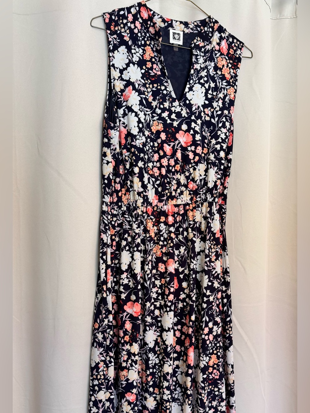 Anne Klein Navy Floral Midi Dress with Coral and Cream Flowers